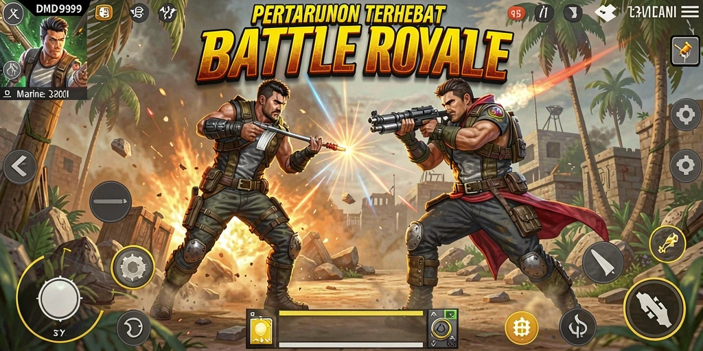 Screenshot DMD999 menampilkan aksi seru dalam pertarungan Battle Royale.