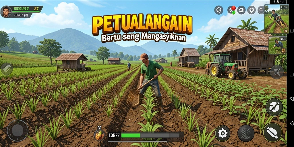 Screenshot gameplay IDR77 menunjukkan aktivitas bertani yang seru dan interaktif.
