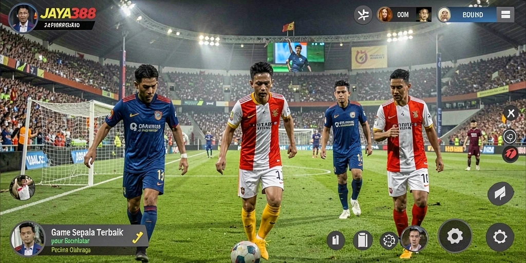 Screenshot gameplay JAYA388 menunjukkan aksi seru di lapangan sepak bola.