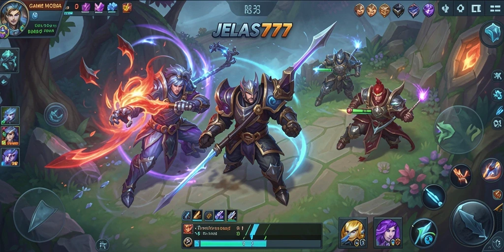 Tampilan seru gameplay JELAS777 di medan perang MOBA.