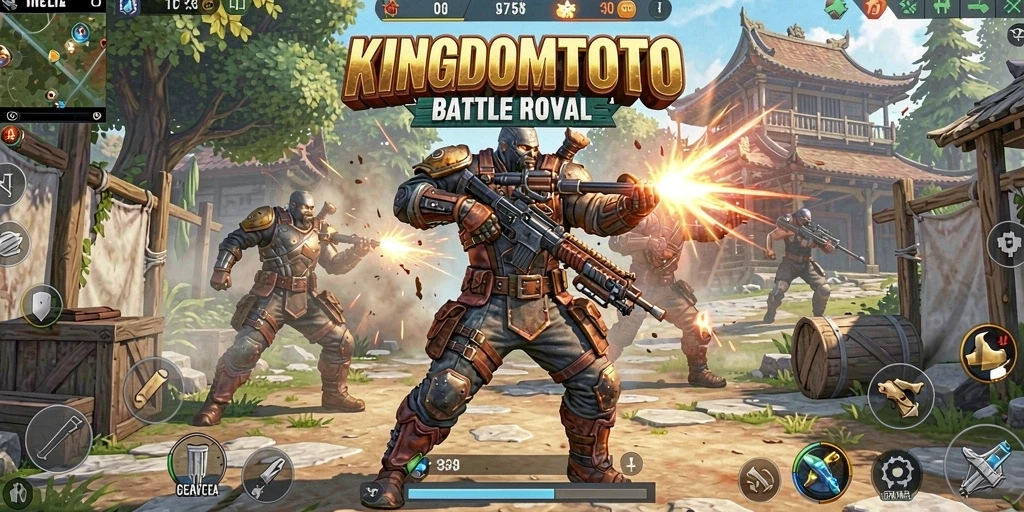 Screenshot gameplay KINGDOMTOTO yang menampilkan aksi pertempuran Battle Royale yang seru.