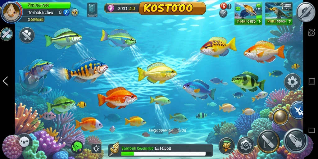 Screenshot gameplay KOSTOTO yang menampilkan aksi menembak ikan.