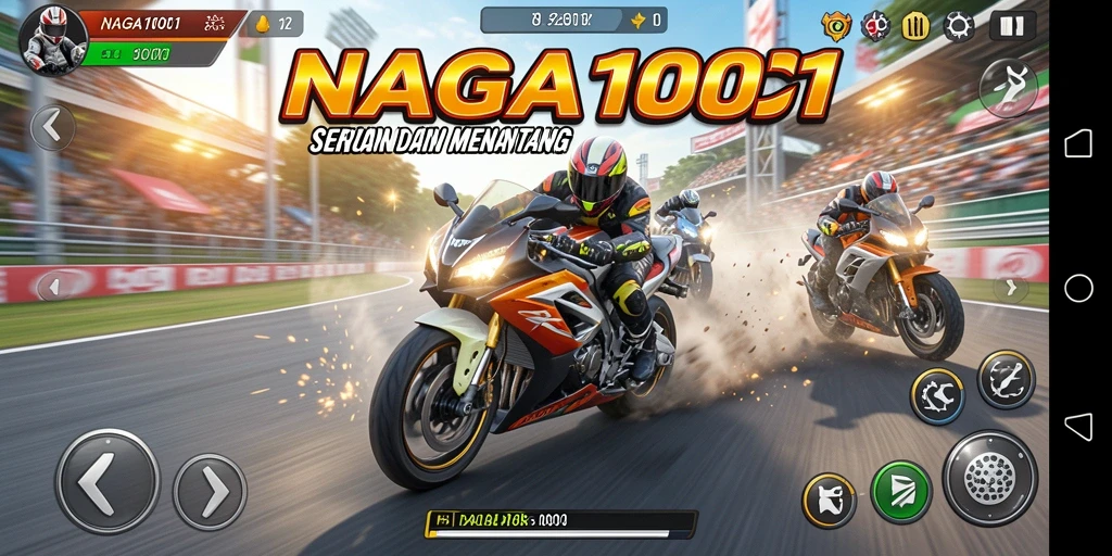 Screenshot utama NAGA1001 menunjukkan aksi balapan motor yang seru dan mendebarkan.