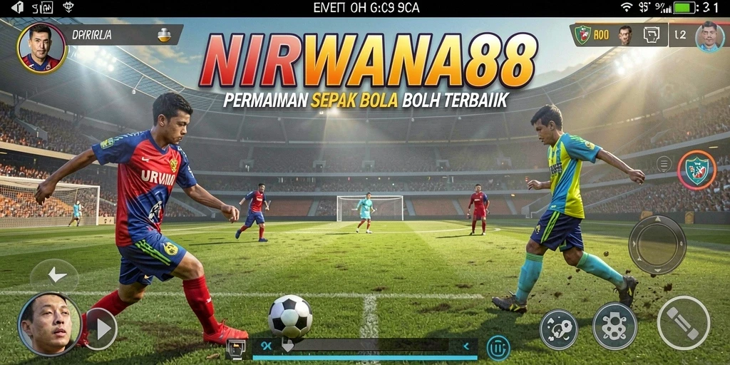 Tangkapan layar gameplay NIRWANA88 menampilkan aksi sepak bola yang seru.