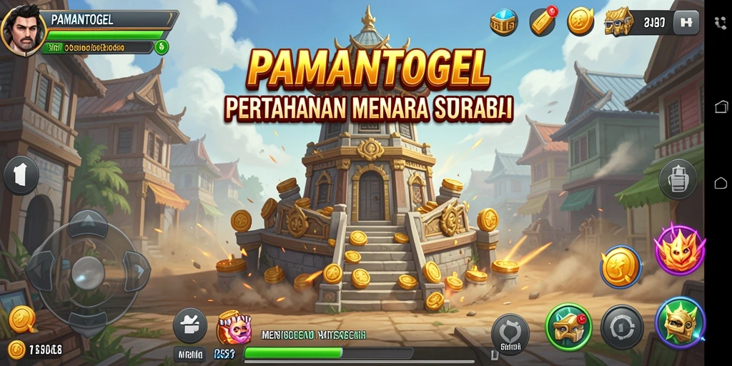 Tangkapan layar dari gameplay PAMANTOGEL memperlihatkan menara dan musuh beraksi.