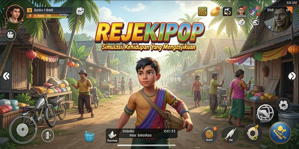 Tampilan gameplay REJEKIPOP dengan karakter unik dan interaksi sosial.